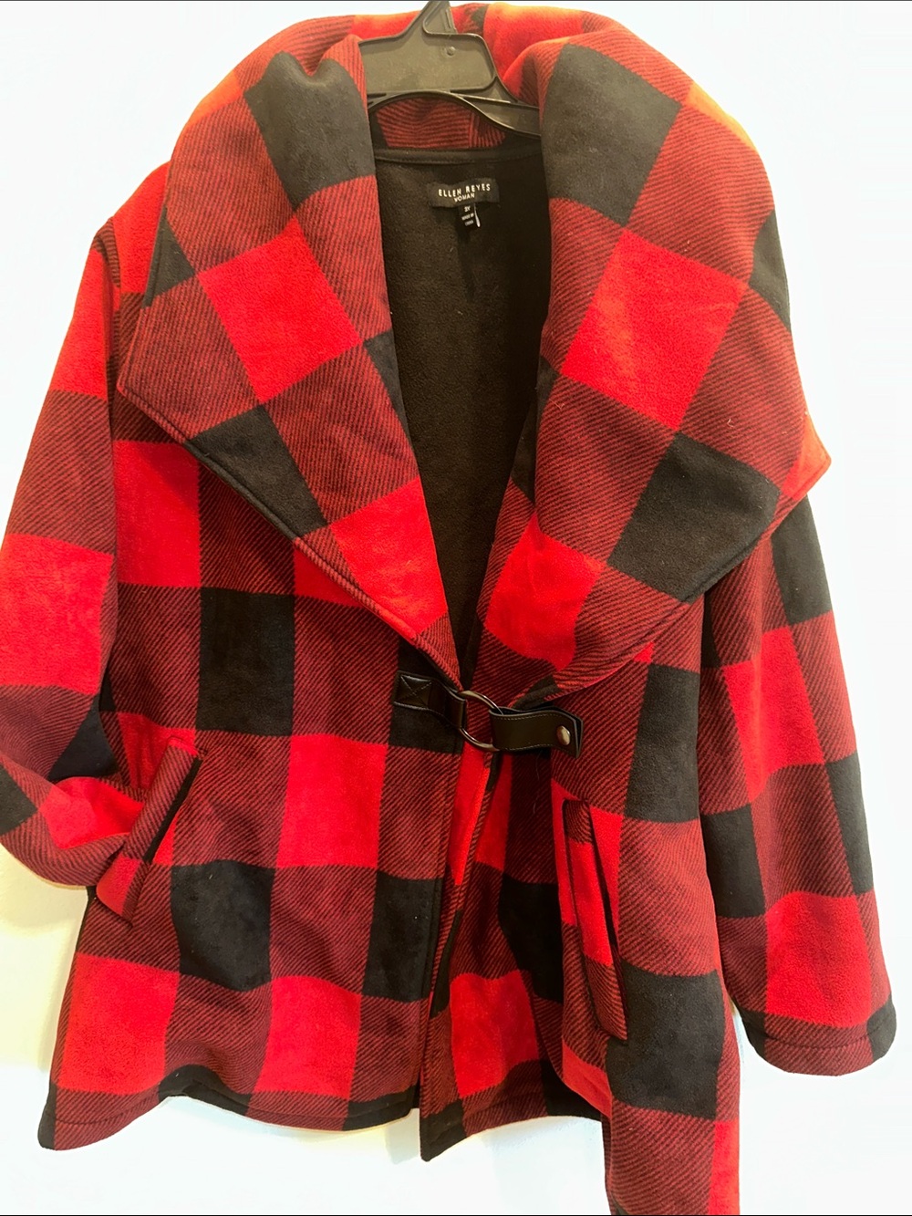 Ellen Reyes Buffalo Plaid Fleece Shawl Collar Coat Red & Black Toggle